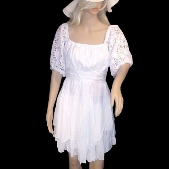 NWT - Summer Tie Back Lace Sleeves Ruffle A-Line Casual Layer Hem Mini Dress - Picture 2 of 14